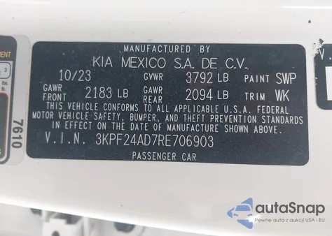 2024 Kia Forte Lxs z USA, uszkodzony, nr VIN 3KPF24AD7RE706903